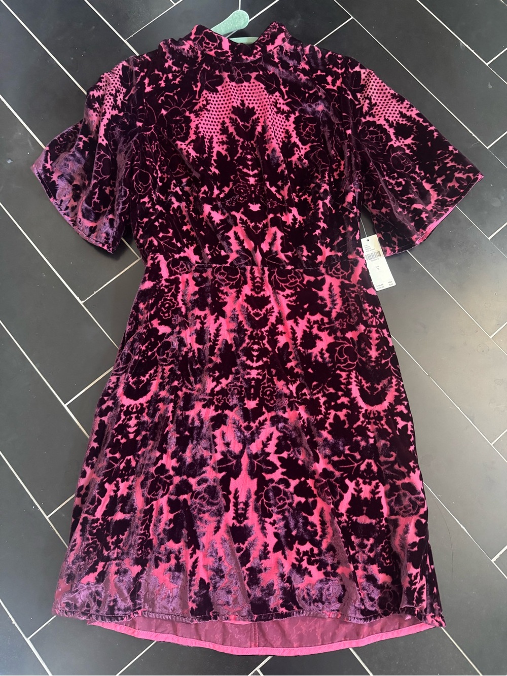 Anthropologie Pink and Black Velvet Burnout Mini Dress
